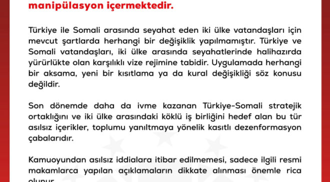 DMM’den ‘Somali’nin Türk vatandaşlarına vize kısıtlaması getirdiği’ iddiasına yalanlama